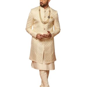 KISAH Men's Black Indo-Western Kurta Sherwani Churidar Set Cotton Silk Full Sleaves, Knee Length, Straight, Regular Fit, Mandarin Collar Ethnic Casual